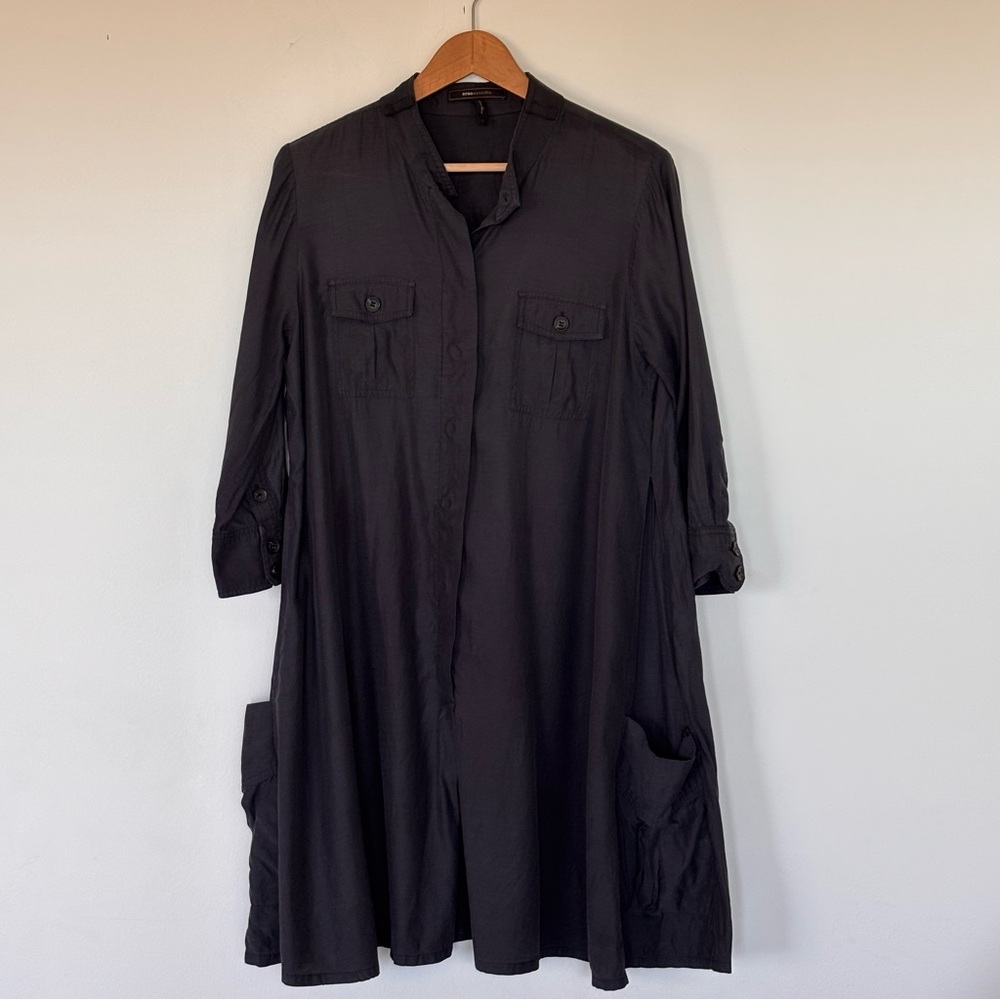 BCBG Relaxed Fit Shirt Dress with Pockets Rayon Cotton Size Large Grey Black